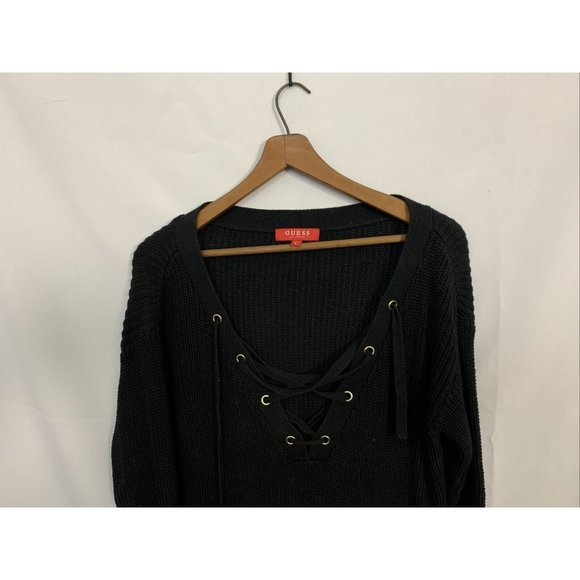 Guess Los Angeles Womens Lace Up Black Long Sleeve Thermal Blouse Top - Picture 3 of 6